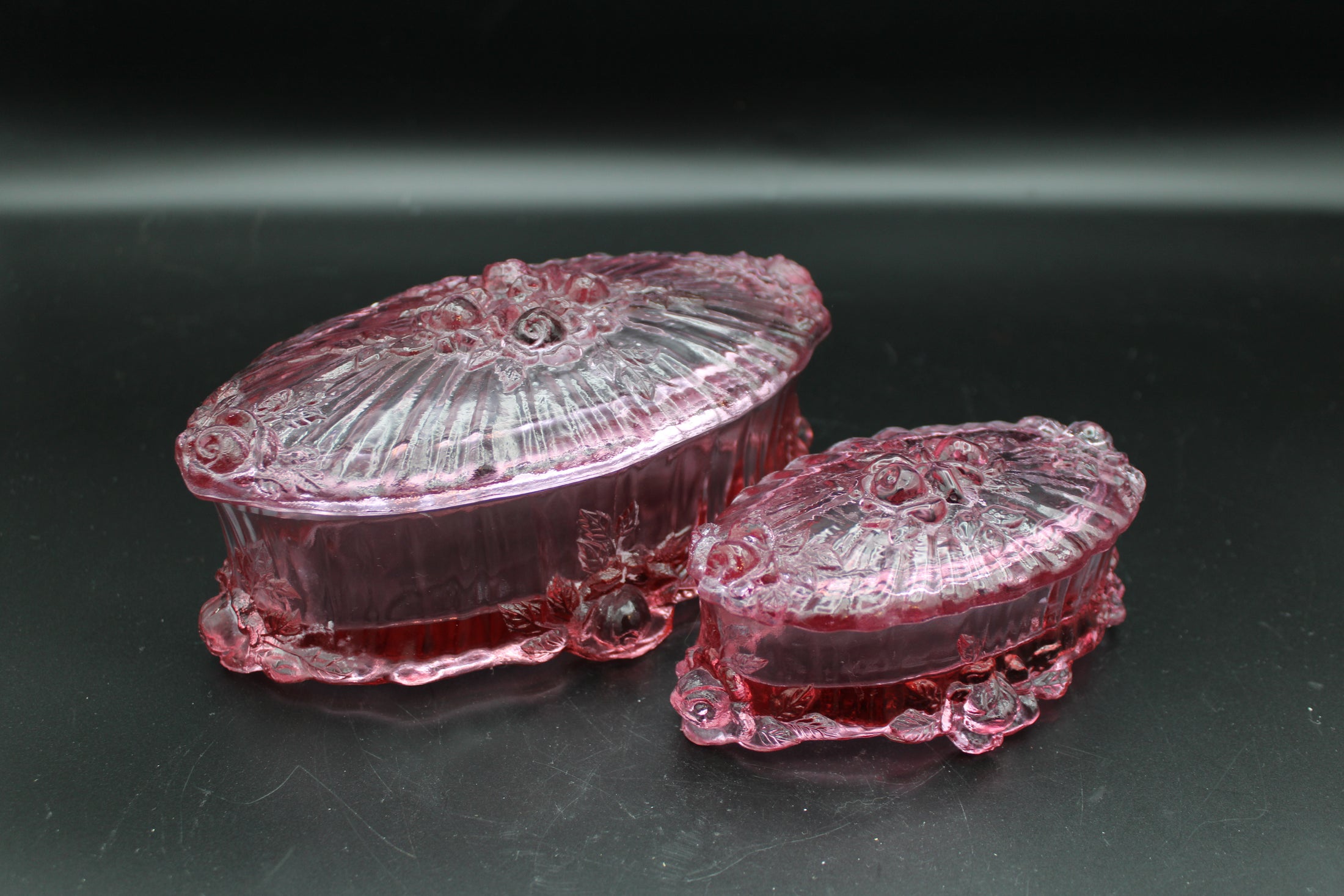 Fenton Dusty Rose Cabbage Rose Lidded Trinket Dish Set