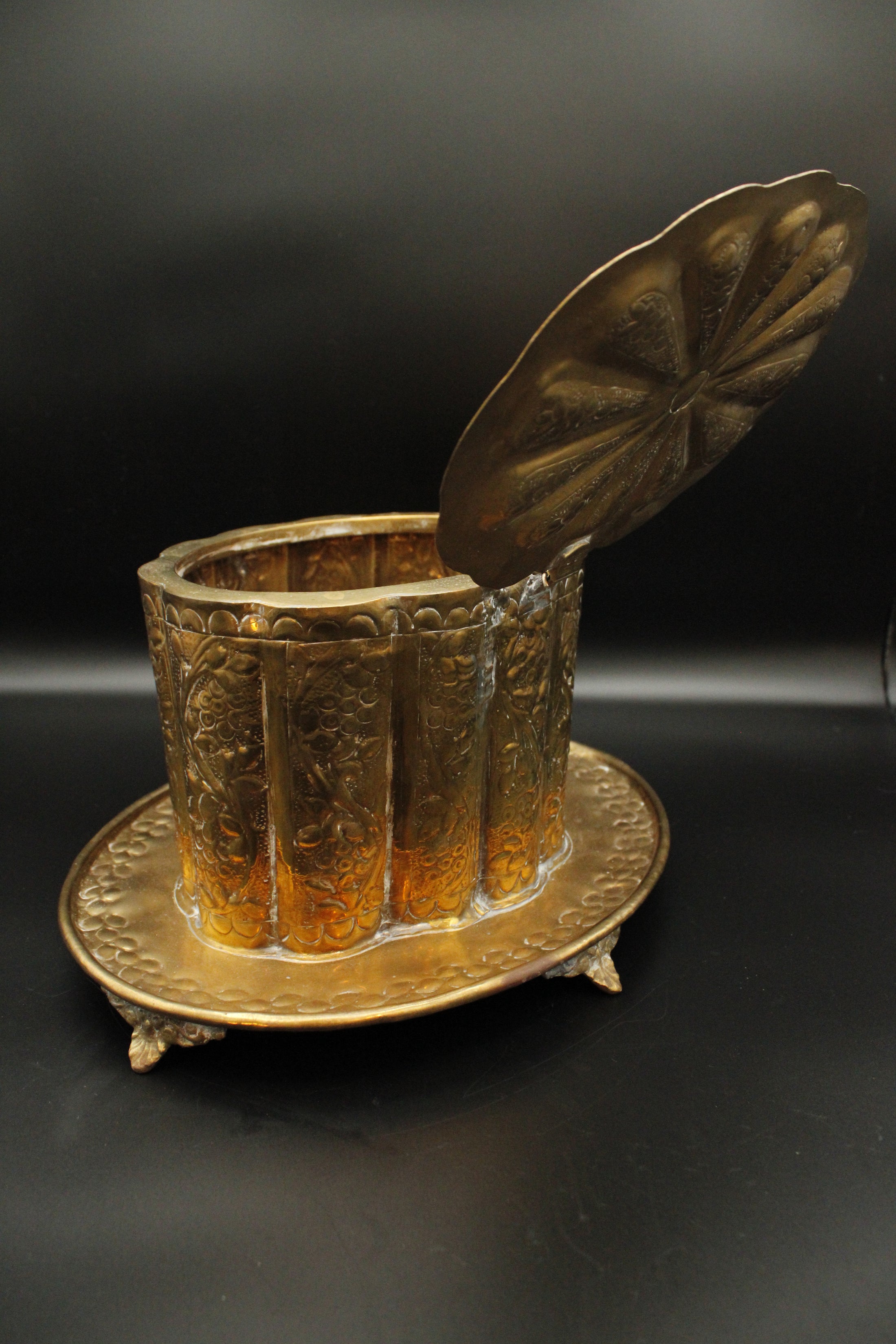 Brass Tea Caddy With Floral Detailing And Attached Footed Plate