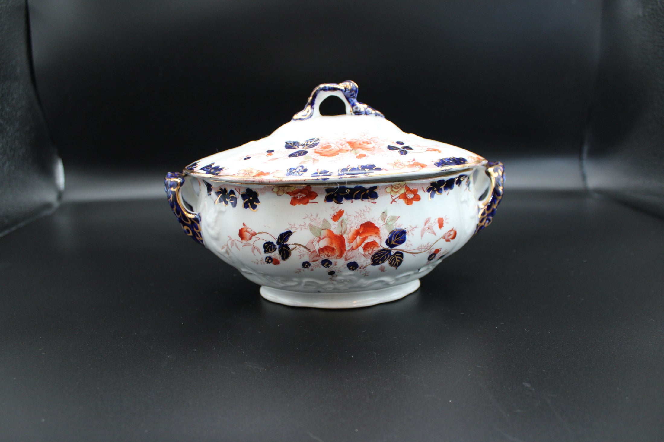 Blue, White, & Orange Lidded Semi-Porcelain Tureen