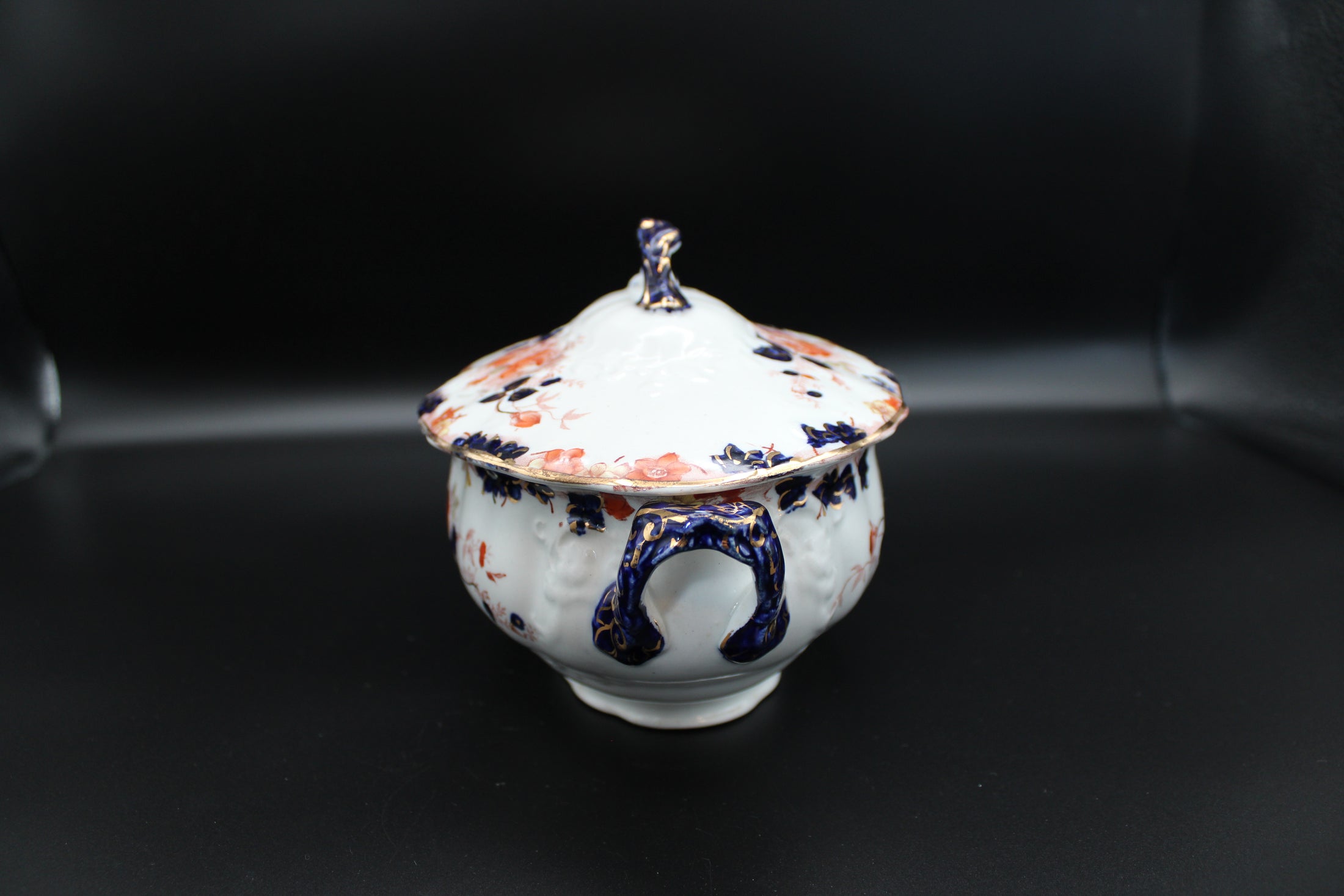 Blue, White, & Orange Lidded Semi-Porcelain Tureen