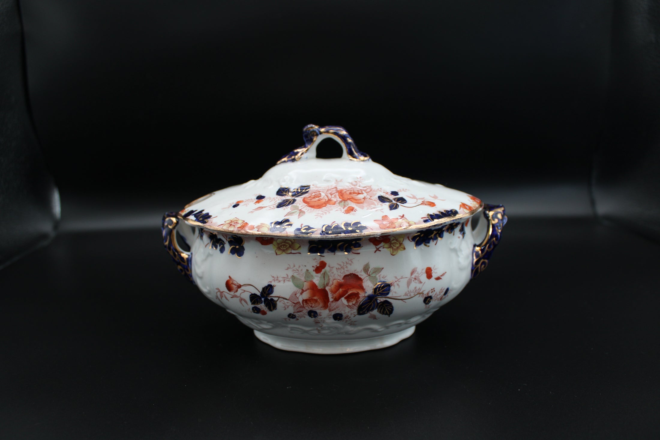 Blue, White, & Orange Lidded Semi-Porcelain Tureen