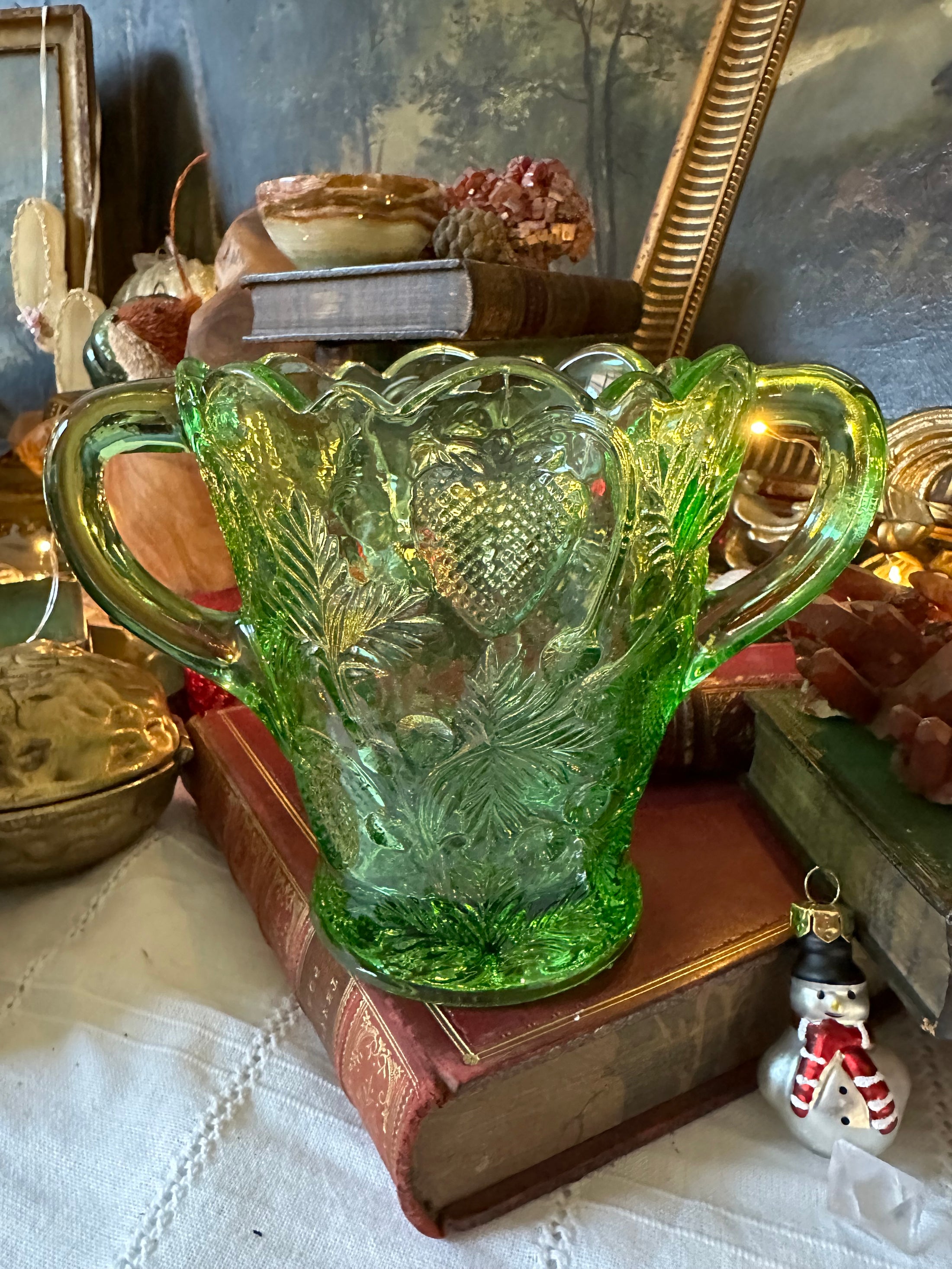 Vintage Fenton Green Strawberry Vase