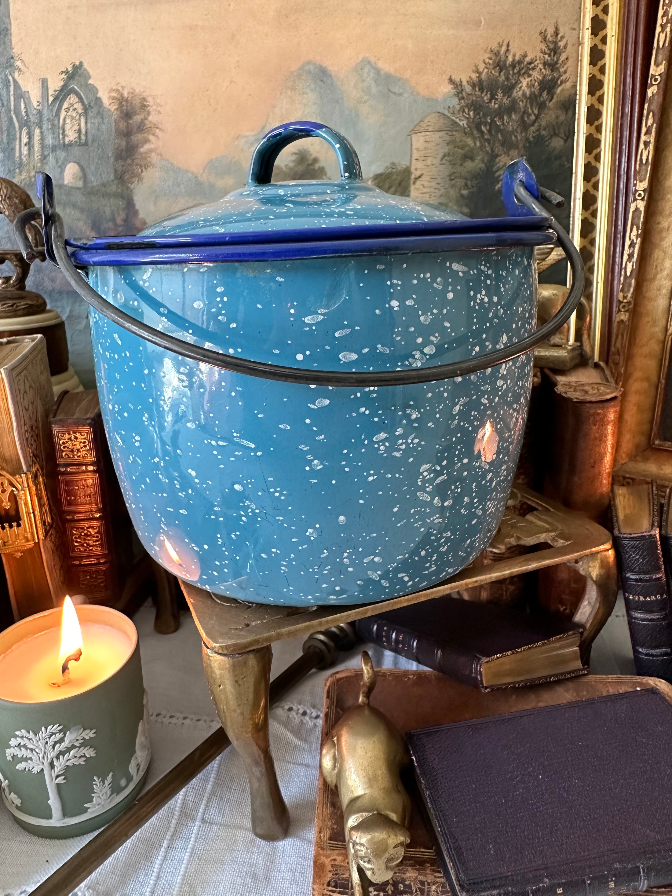 Blue Enamel Speckled Enamelware Graniteware Lidded Pot With Handle