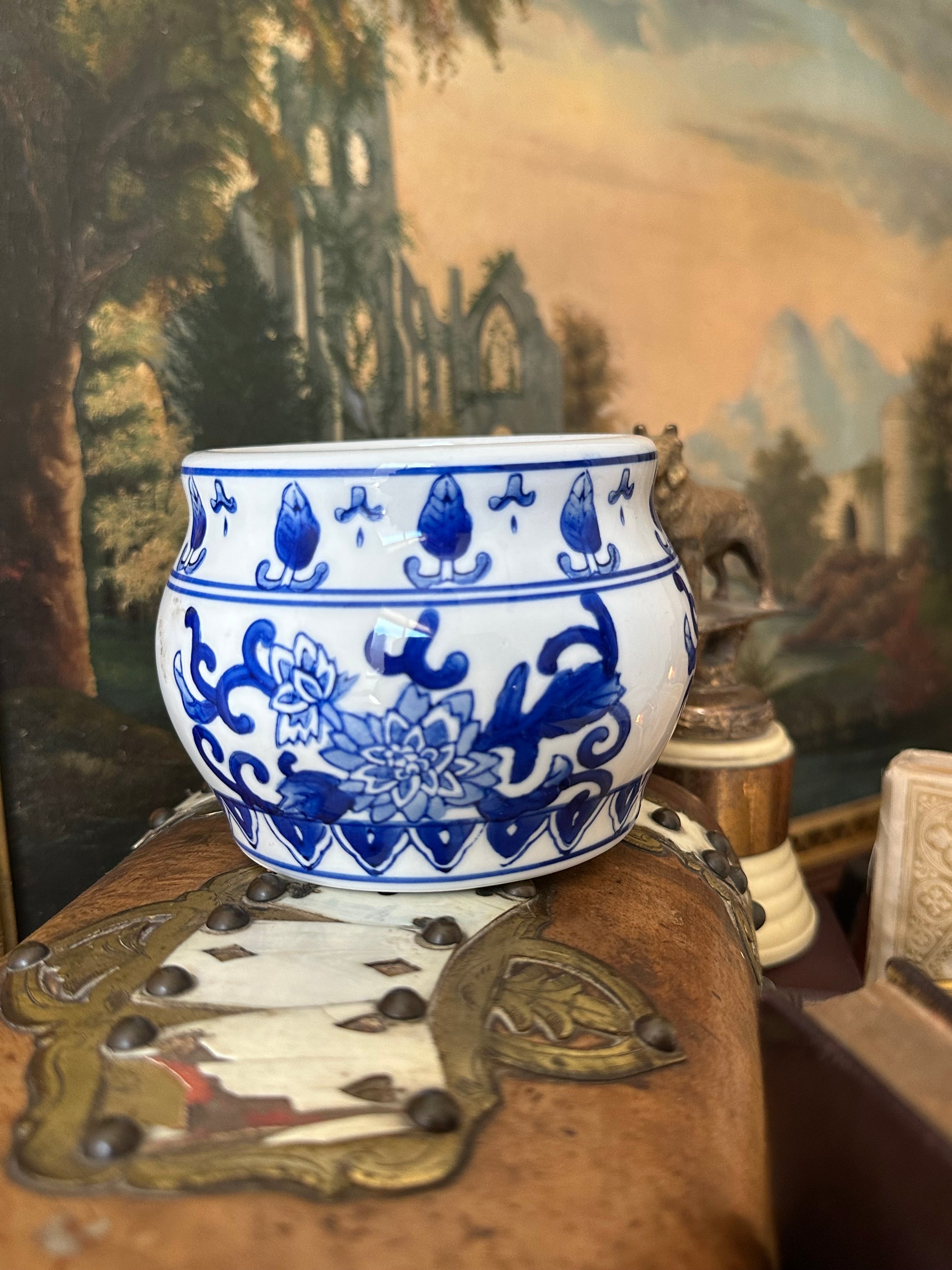 Blue and White Porcelain Mini Planter With Chinoiserie Pattern