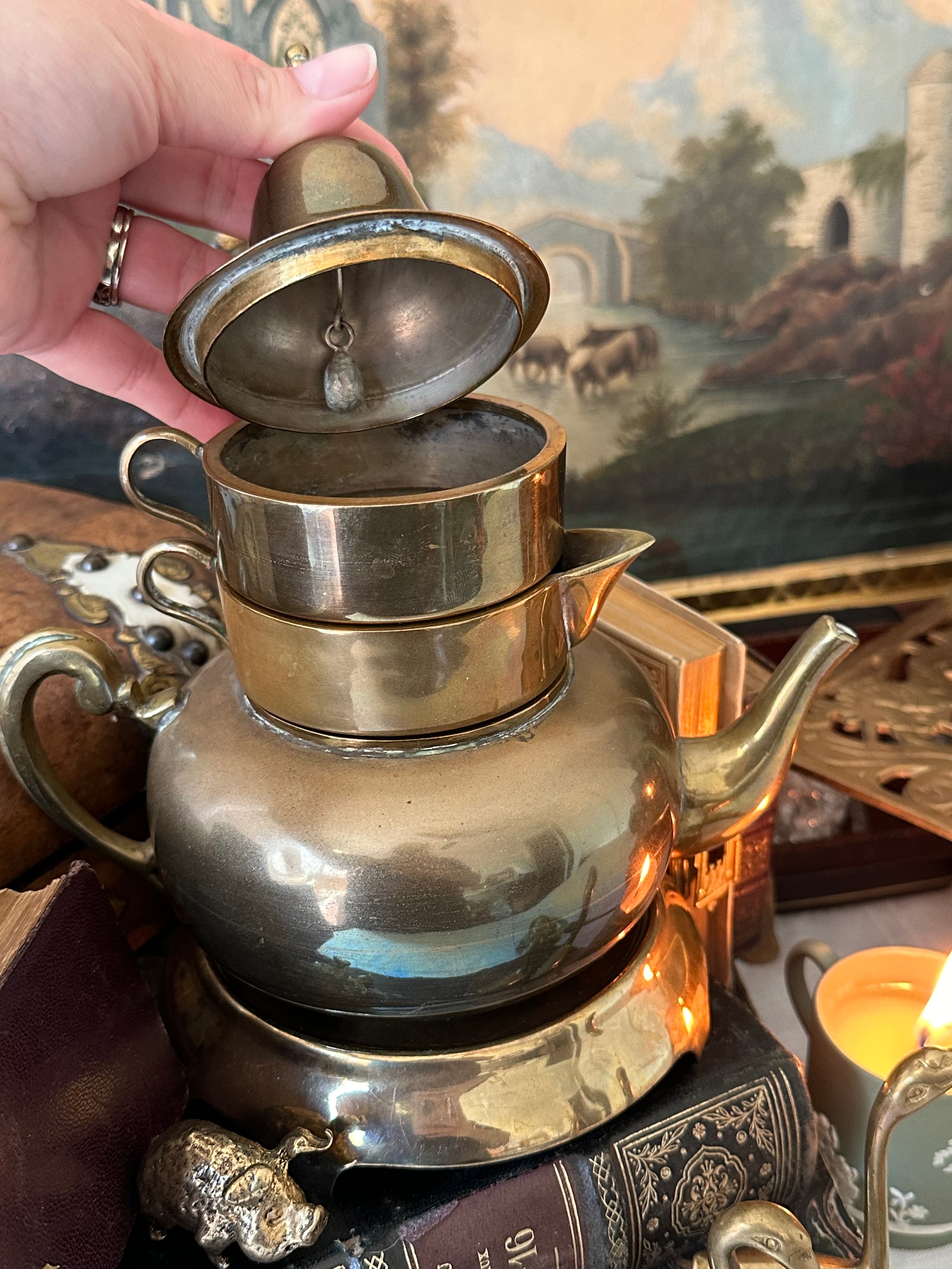 Brass Teapot With Attached Mugs And Bell