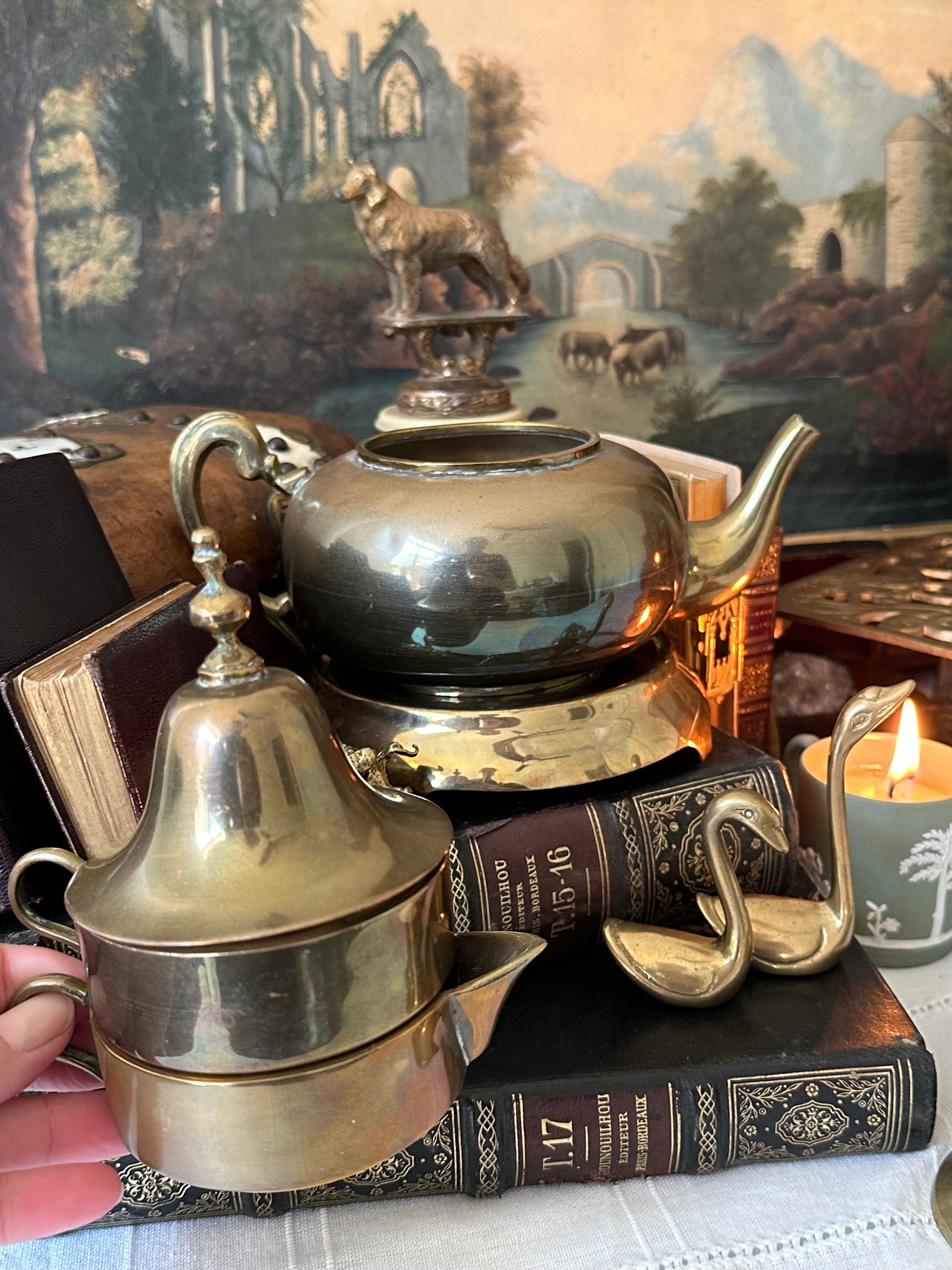 Brass Teapot With Attached Mugs And Bell