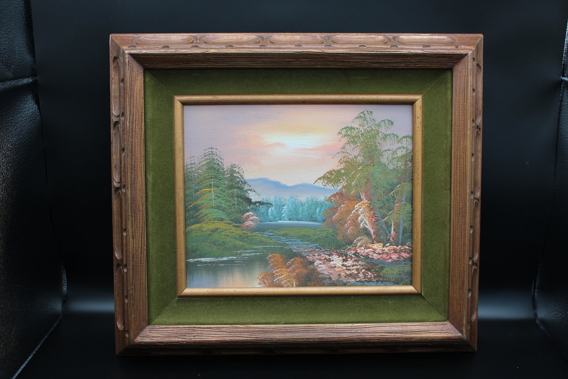 Vintage Oil On Canvas With Green Matting Landscape Painting