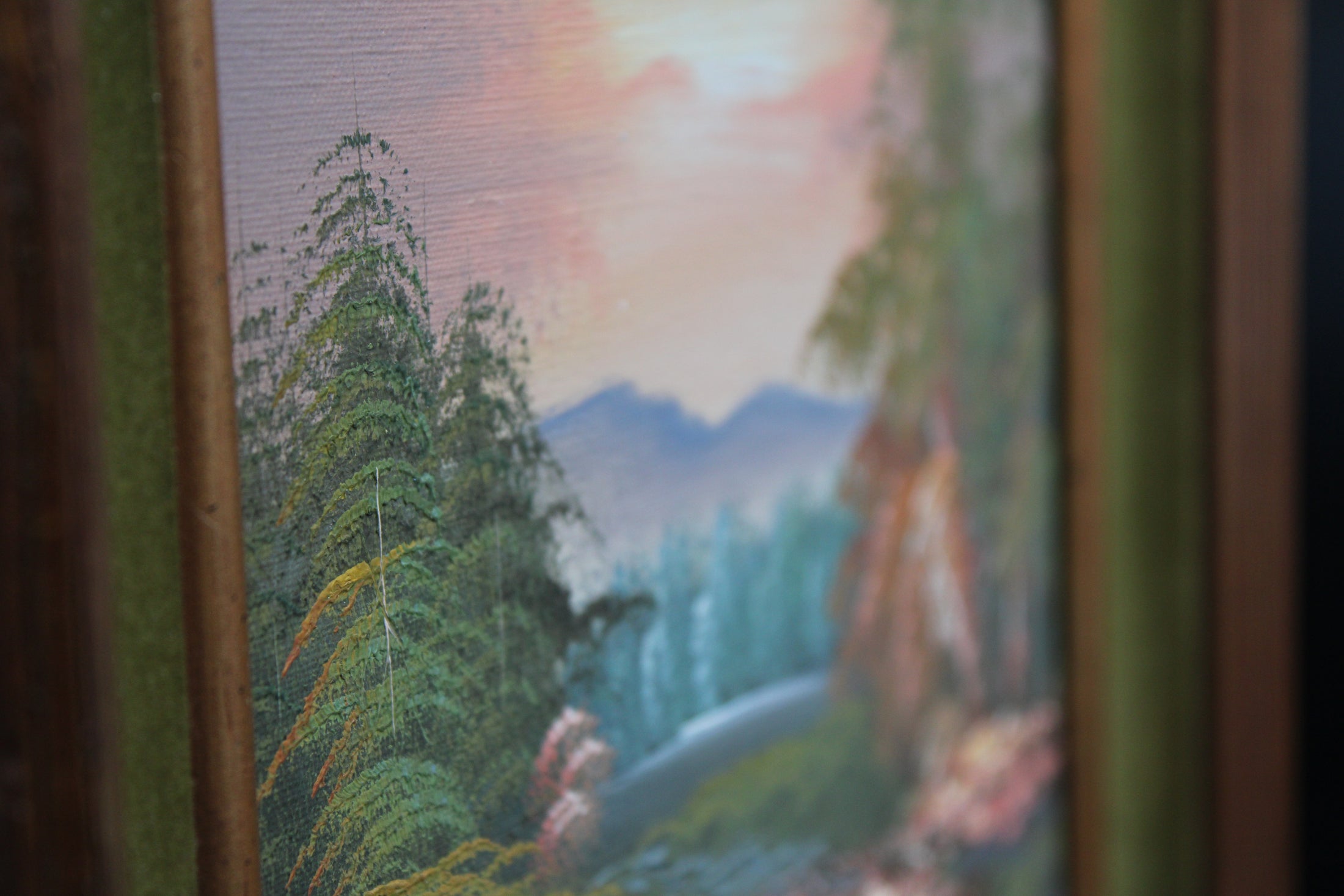 Vintage Oil On Canvas With Green Matting Landscape Painting