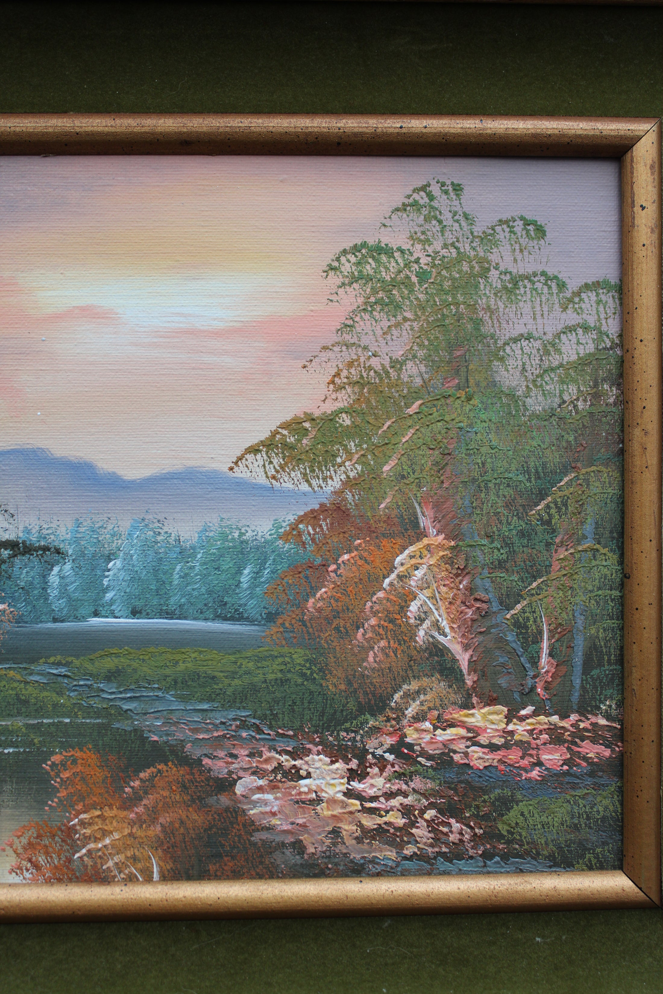 Vintage Oil On Canvas With Green Matting Landscape Painting