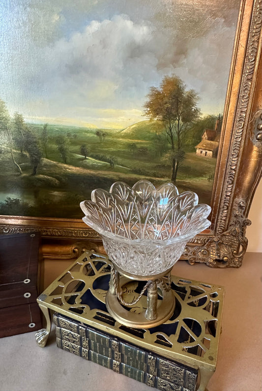 Crystal Flower Bowl With Brass Stand