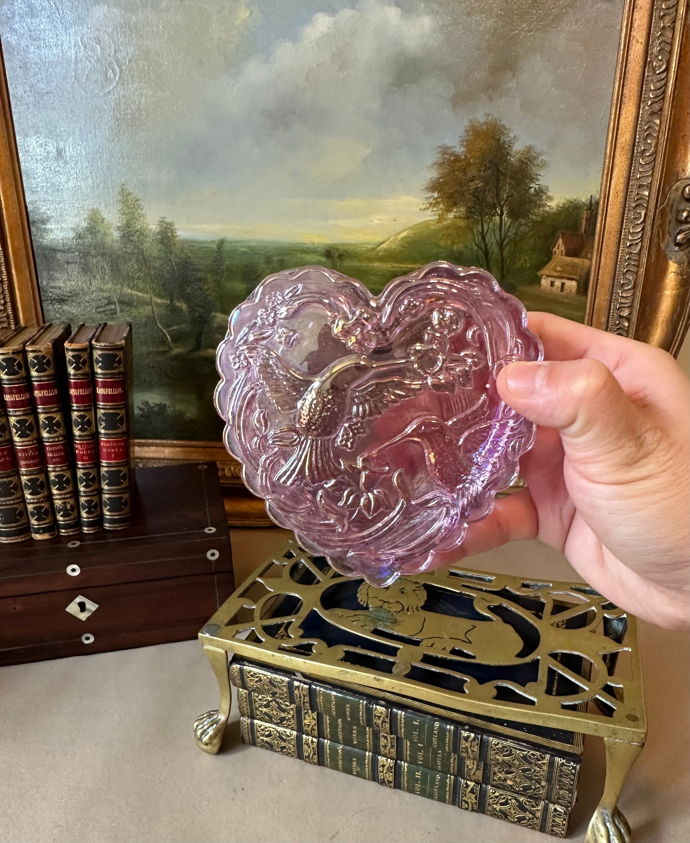 Pink Iridescent Fenton Hummingbird Heart Lidded Dish