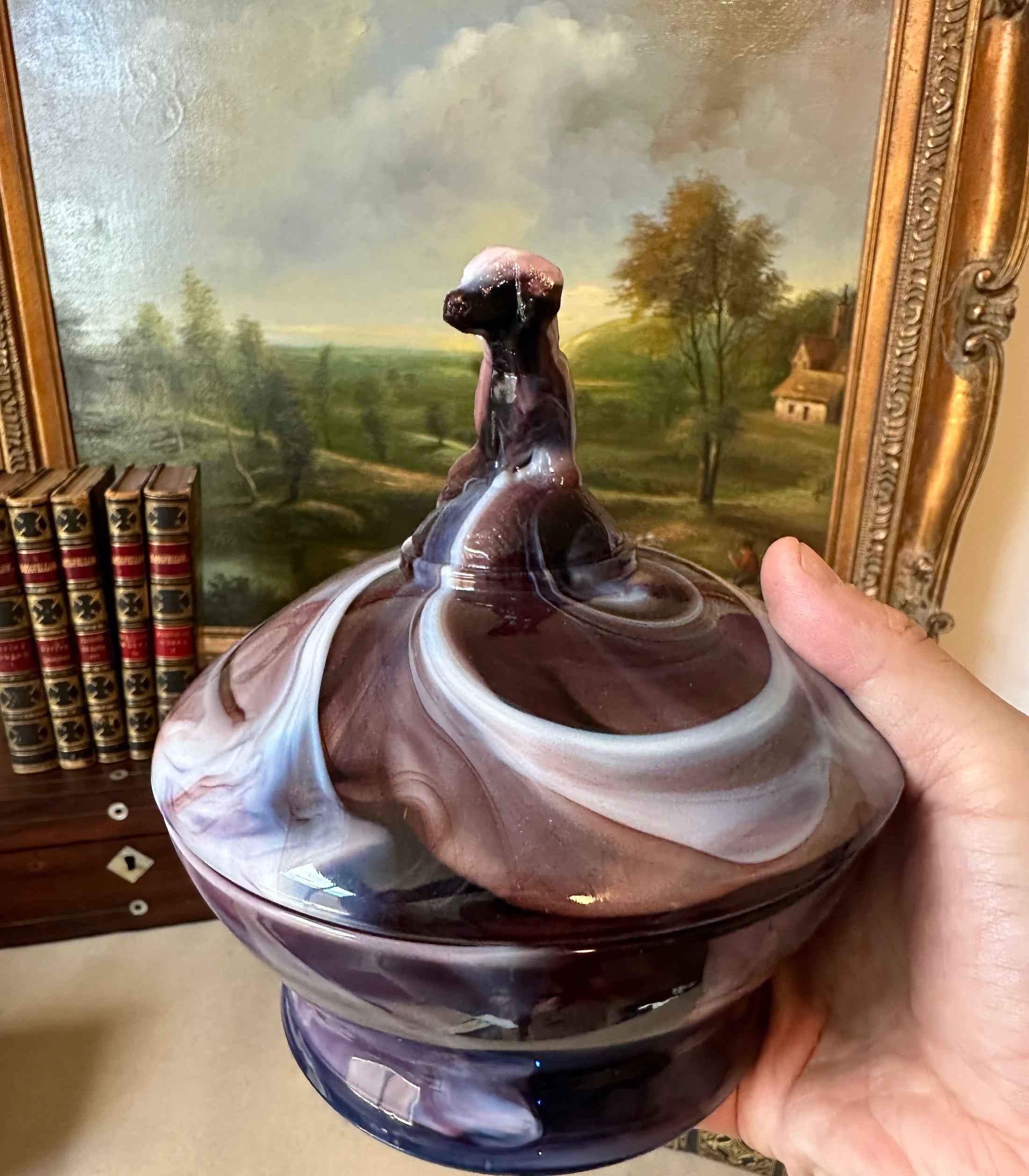 Purple Slag Glass Lidded Dawg Dish