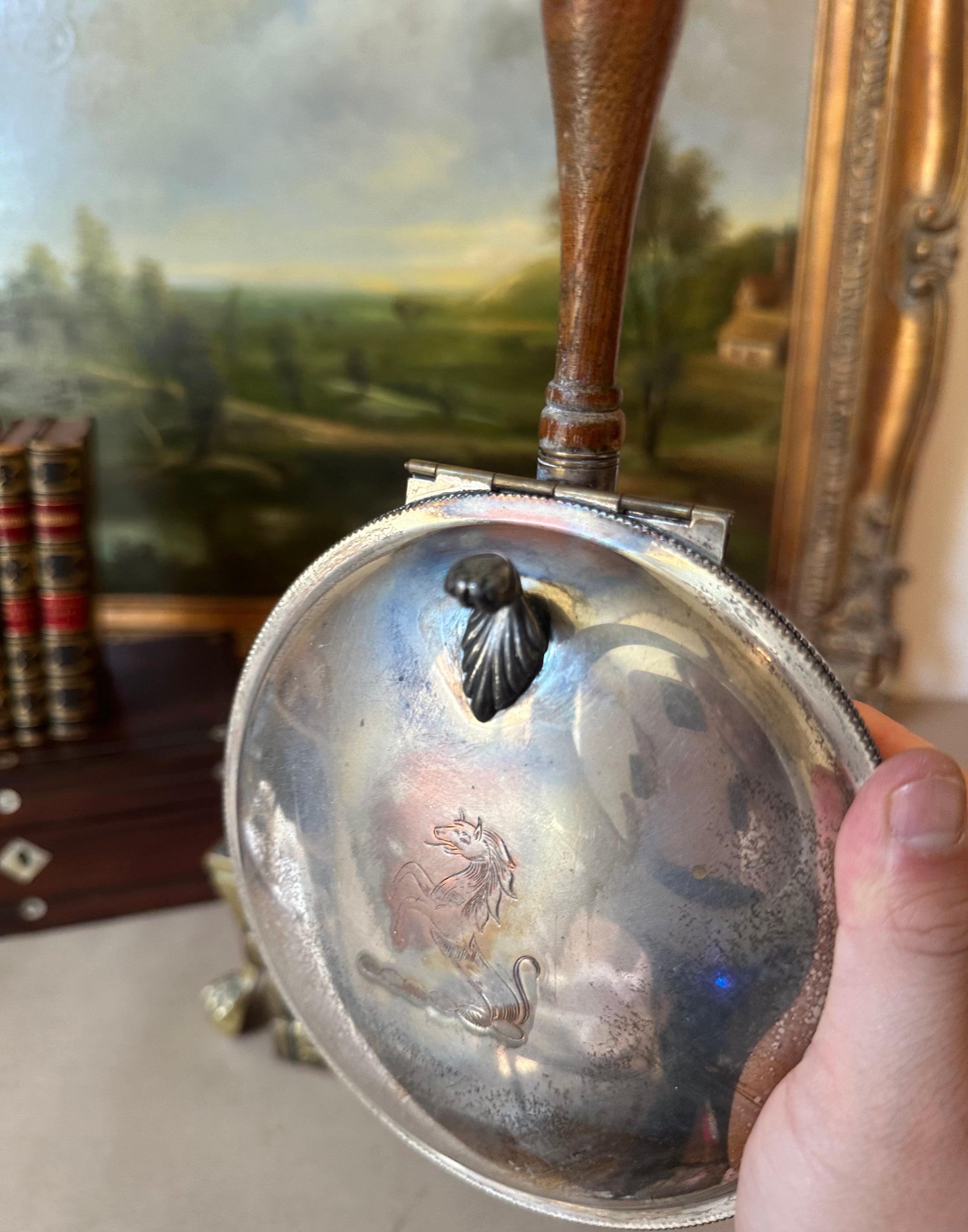 Silver Plated Silent Butler With Scottish Lion Engraving And Wooden Handle