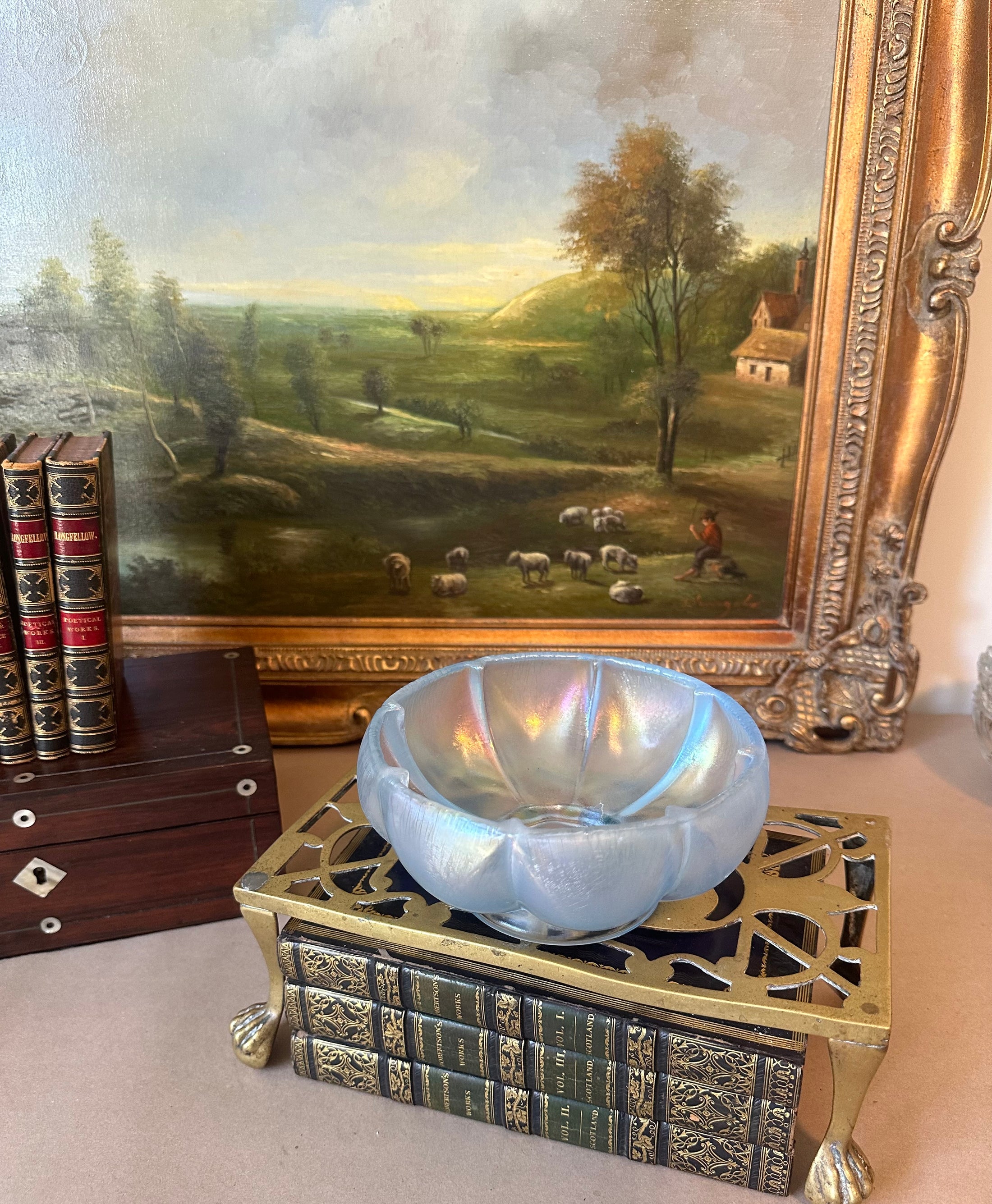 Vintage Fenton Medium Light Blue Iridescent Stretch Glass Bowl