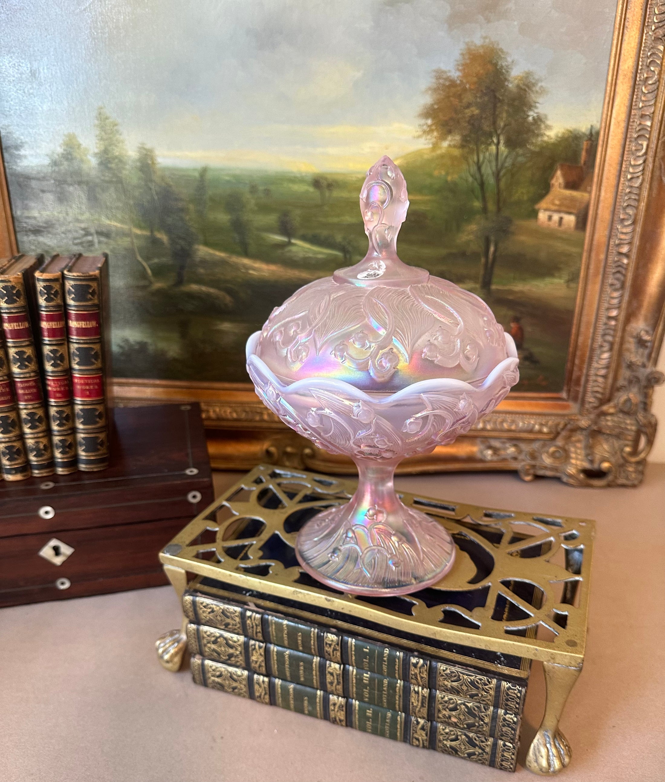 Vintage Fenton Pink Iridescent Lily of the Valley Compote